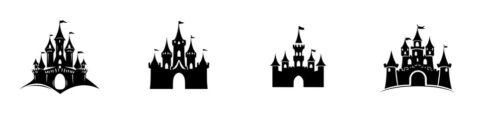 Obraz premium Black silhouette icons of various castle designs with flags and towers suitable for themes and decorations
