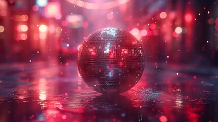 A gleaming disco ball sits amidst a vibrant cityscape, casting colorful reflections, evoking a sense of nightlife energy and celebration in an urban environment.
