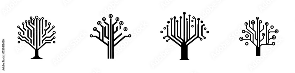 Poster exploring black icons representing trees with circuit patterns in a creative design layout