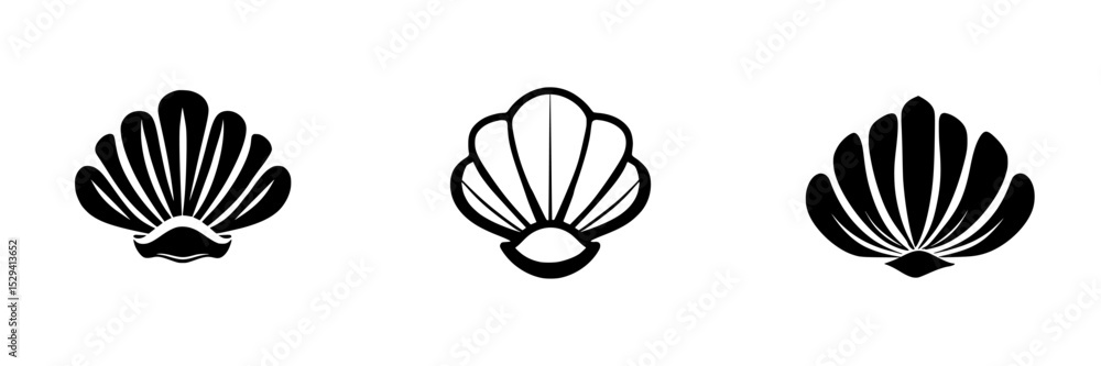 Poster black icon set featuring three distinct shell designs in a minimalist style