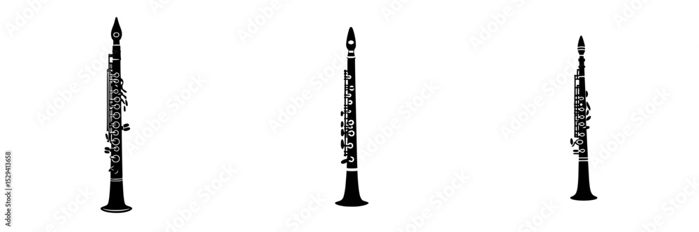 Poster set of black clarinet icons in different orientations showcasing musical instruments in a creative d