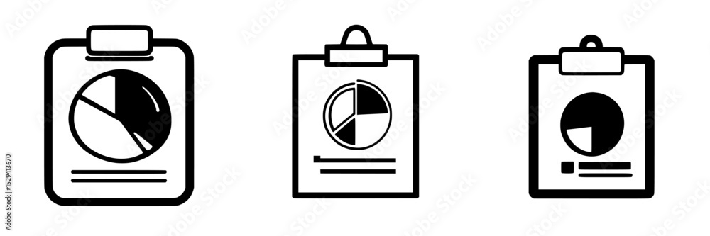 Poster set of black icons depicting clipboards with varying pie charts representing data analysis concepts 