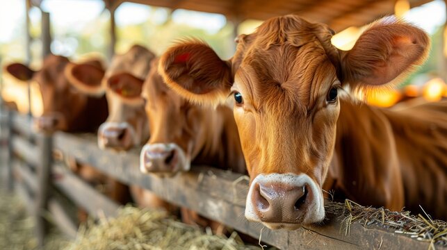 A trio of cows looks directly at the viewer from a rustic barn, representing innocence, curiosity, and the simple beauty of rural life in a vibrant farm setting.