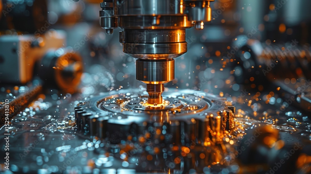 Poster an intricate close-up of a high-tech machine tool engaged in a machining process, revealing the beau