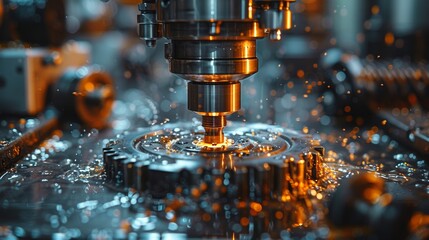 An intricate close-up of a high-tech machine tool engaged in a machining process, revealing the beauty of craftsmanship through shimmering oil and flying sparks.