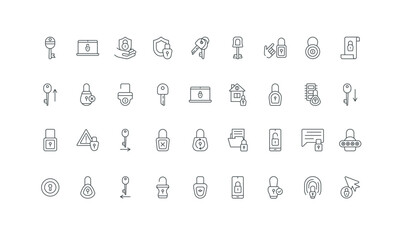Lockable digital document and mobile phone, laptop, biometric access thin black symbols vector illustration. Secure lock and key to unlock and open, padlock with keyhole line icon set.