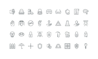 Lifebuoy and data backup, CCTV camera, mask thin black symbols vector illustration. Safety equipment and standards, alert message, secure shield and umbrella protect life line icon set.