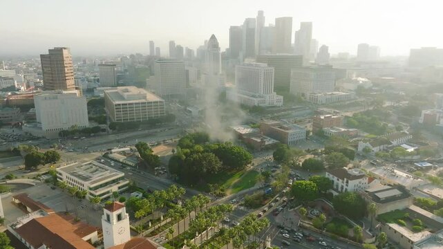 4K aerial of anti-ICE protests in downtown Los Angeles - June 8, 2025