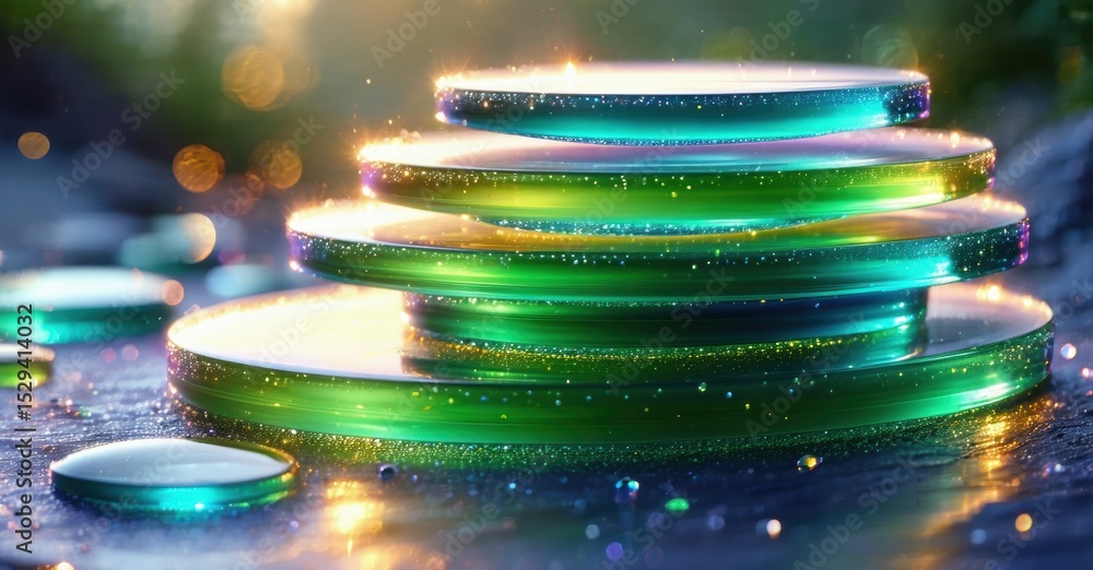 Poster abstract platforms glow, layered presentation. vibrant colors, sparkling effects create futuristic d