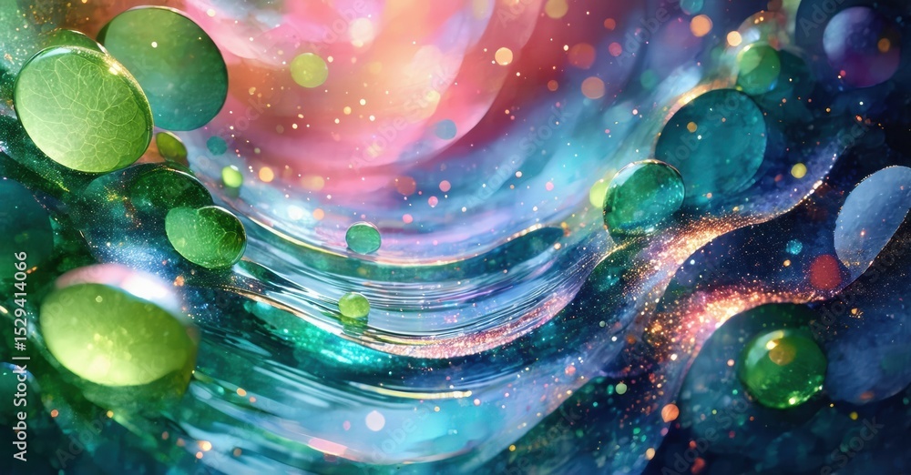 Poster Abstract fluid shapes, vibrant colors blend. Bubbles float within swirling energy, creating dynamic visual experience.