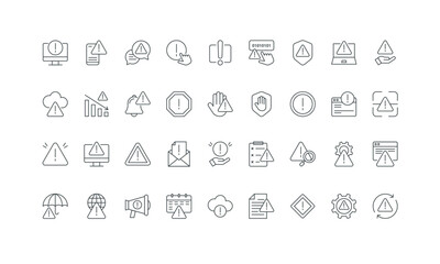 Triangle, circle, octagon, rhombus signs with exclamation point to stop and warn thin black outline symbols vector illustration. Warning information, error message of problem line icon set.