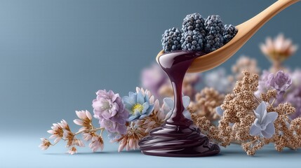 Flowing Purple Syrup with Blueberries and Dried Flowers in Elegant Still Life Composition