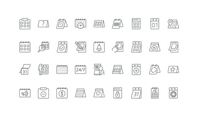 Plan deadline, daily and month, annual event planner thin black symbols vector illustration. Calendar for agenda planning, business appointment schedule, mark date reminder line icon set.