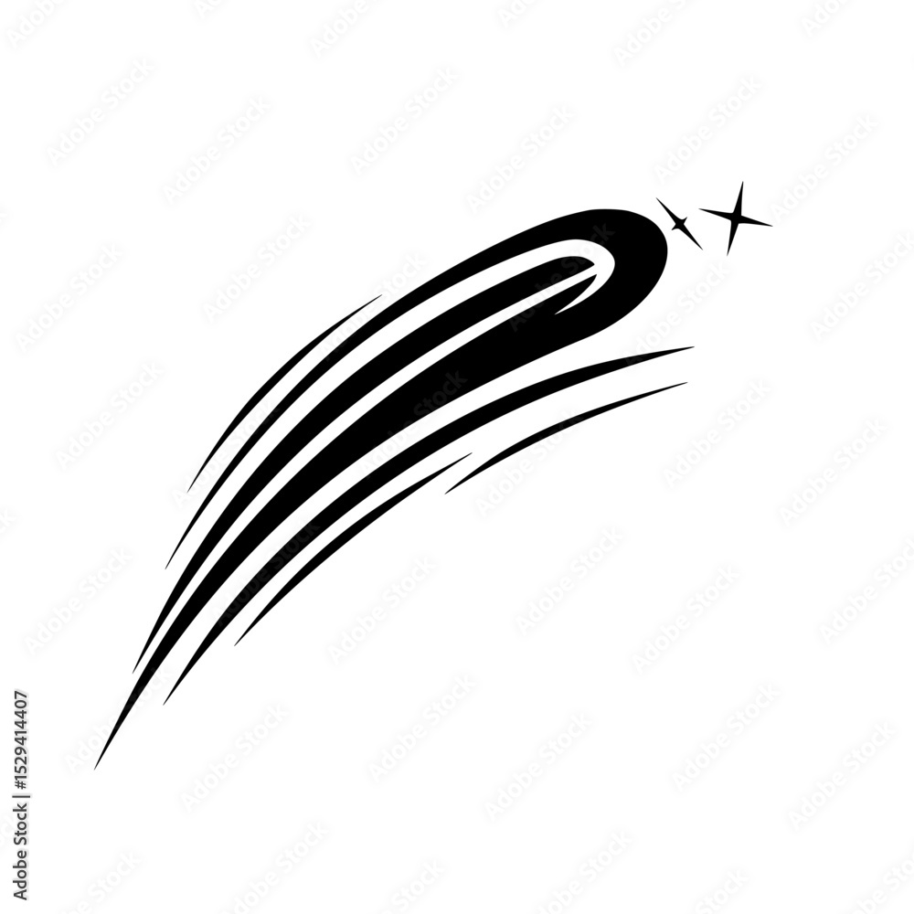 Poster stylized black icon of a comet soaring through the sky with a trailing tail and two stars in the bac