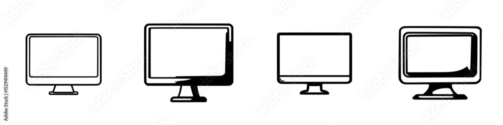 Poster set of four black computer icons showcasing different monitor designs and styles for digital use