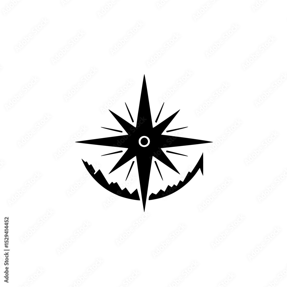 Poster compass icon illustrating navigation and adventure in a minimalist black design suitable for various