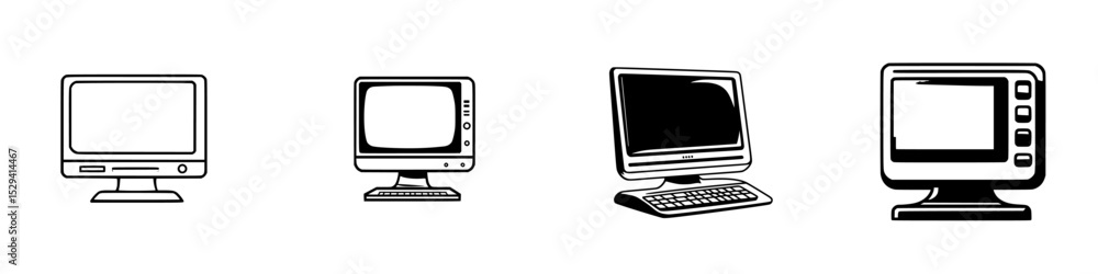 Poster set of black computer icons representing various styles and designs for digital applications and gra