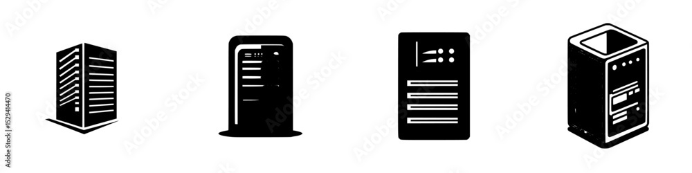 Poster set of black icons depicting various types of electronic devices and user interfaces for digital app
