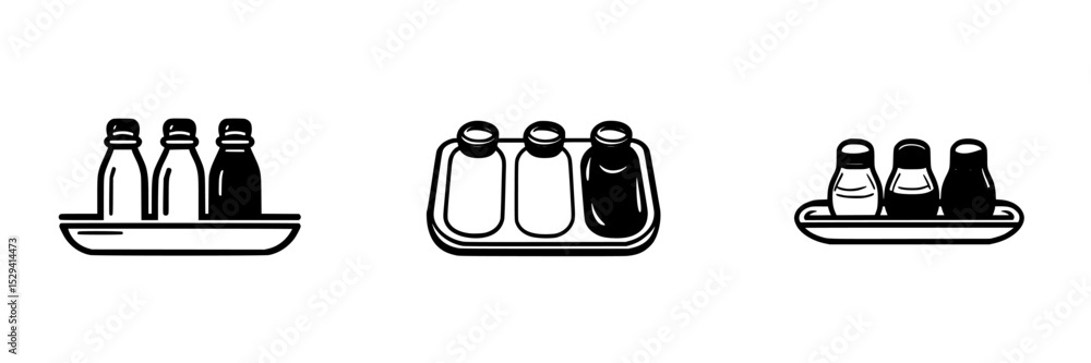 Poster set of black icons depicting beverage bottles and containers on a tray presented in a simple and art
