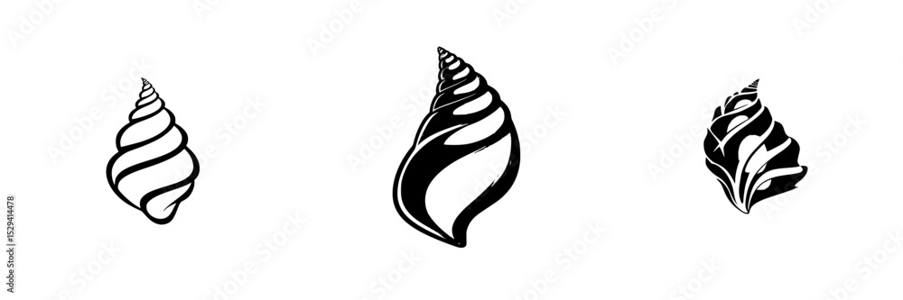 Poster set of three black icons depicting various shell designs in minimalist style for creative projects a