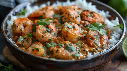 A delectable bowl of shrimp curry served with fluffy rice and garnished with fresh herbs, presenting a delicious fusion of flavors and aromas that tantalize the taste buds.