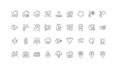 Help with house in flood, hurricane and tsunami, storm thin black and red symbols vector illustration. Extreme weather, natural disasters due to global climate change, safety of people line icon set