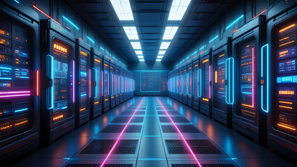 Futuristic data center interior with neon lighting illuminating rows of servers and computer racks