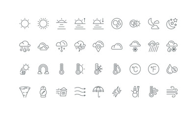 Temperature in Celsius and Fahrenheit, humidity thin black and red symbols vector illustration. Weather forecast and meteorology, rain cloud and sun, wind and snow storm, rainbow line icon set