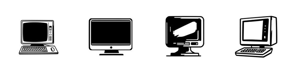 Black icons depicting the evolution of computers in a minimalist design