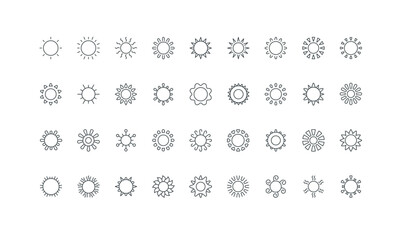 Abstract simple sunshine ornament of hot sun in sky thin black and red symbols vector illustration. Sun with circle frame, curve and triangle, heart and curl, flourish and twirl rays line icon set