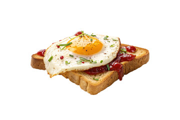 Fried egg on toast with strawberry jam and fresh herbs on toasted bread slice, isolated on a transparent background