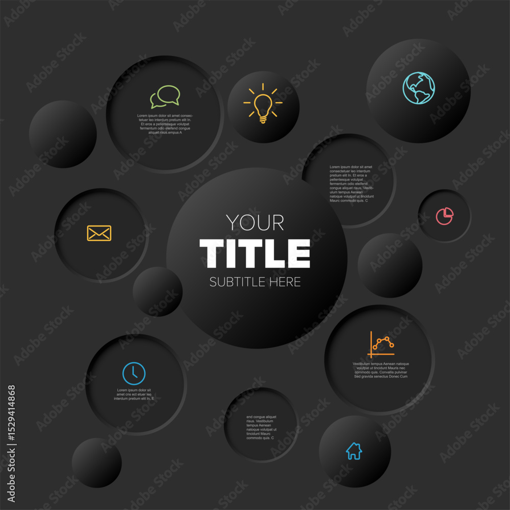 Poster modern dark infographic template features numerous circular elements and various icons. versatile da