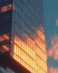 Tall glass office building reflecting warm sunlight at sunset with a clear sky.