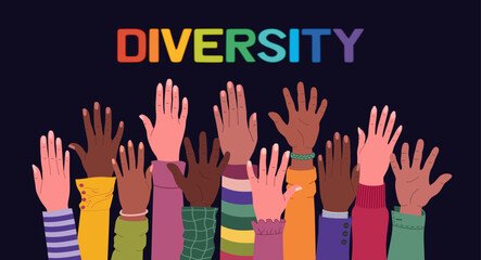 Group of multiracial hands raised up. Cultural diversity, racial equality. Multicultural society. Hand drawn vector vector illustration isolated on black background, flat cartoon style.