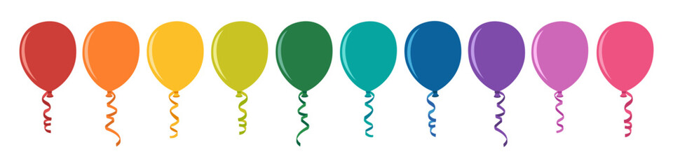 Set of balloons all rainbow colored. Inflatable multicolored helium balls, decoration for birthday or party. Hand drawn vector illustration isolated on white background, flat cartoon style. © Olena