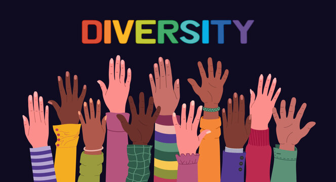 Group of multiracial hands raised up. Cultural diversity, racial equality. Multicultural society. Hand drawn vector vector illustration isolated on black background, flat cartoon style. - Powered by Adobe