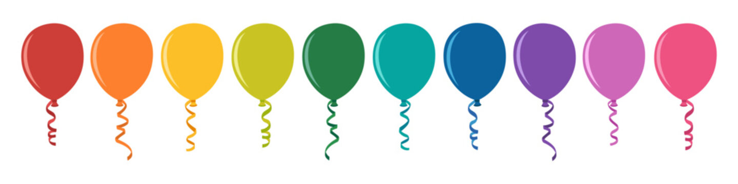 Set of balloons all rainbow colored. Inflatable multicolored helium balls, decoration for birthday or party. Hand drawn vector illustration isolated on white background, flat cartoon style.