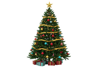Fototapeta premium A beautifully decorated Christmas tree adorned with colorful ornaments and gifts