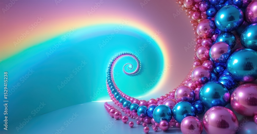 Poster vibrant spiral design. colorful spheres form swirling pattern. rainbow hues blend seamlessly, creati