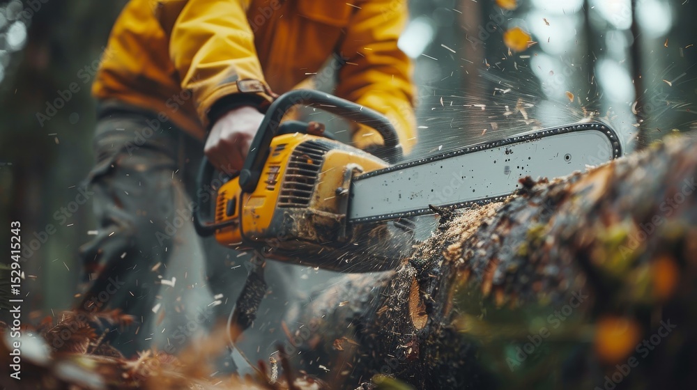 Poster a powerful image of a chainsaw in action, cutting through a thick tree trunk in a forest setting, hi