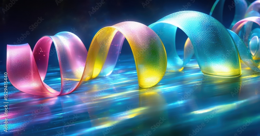 Poster Bright ribbons swirl, creating luminous curves. Vivid colors reflect upon glossy surface. Dynamic composition, abstract design.