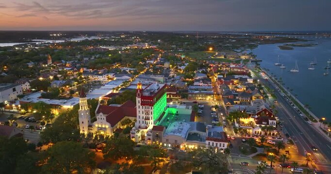 Aerial view of St. Augustine, historical city in Florida. Southern American architecture with narrow streets and old buildings.