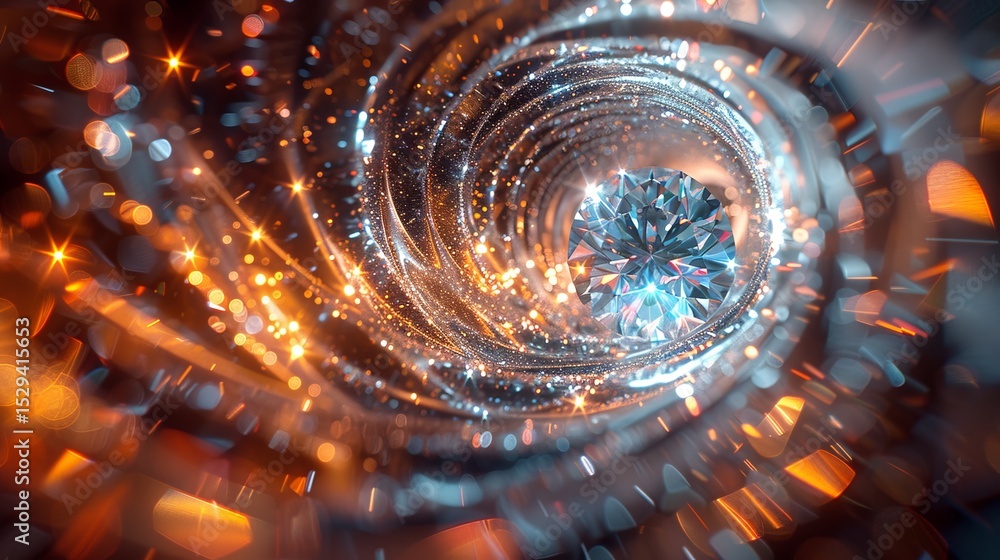 Poster a mesmerizing image of a diamond surrounded by glittering lights and a swirling vortex, showcasing t