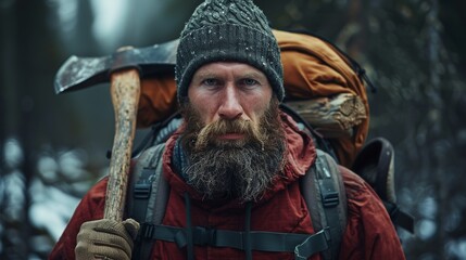 An intense portrait of a rugged bearded man holding an axe, set against a dramatic wilderness backdrop, representing strength, adventure, and a connection to nature.