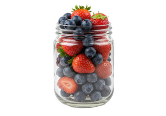 A vibrant glass jar filled with fresh strawberries and blueberries, showcasing a colorful fruit display