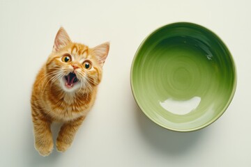 Playful orange tabby cat with wide eyes is looking up excitedly at an empty green bowl, capturing a moment of curiosity and anticipation in a bright, minimalistic setting