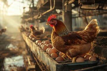 Hen standing proudly on a nesting box filled with eggs, surrounded by other chickens in a sunlit barn, showcasing farm life and poultry farming practices