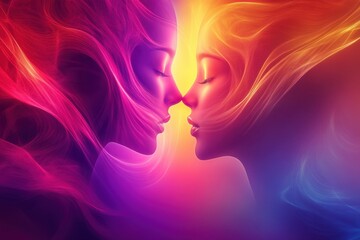 Two ethereal figures with flowing hair, facing each other in a vibrant swirl of colors, embodying connection and harmony in a dreamlike atmosphere of light and energy