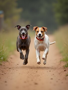 Two dogs running on a dirt track