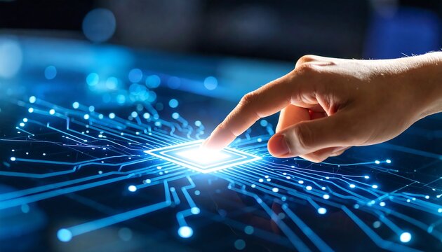 Fingertip on digital circuit board.